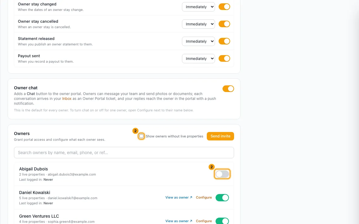 Give an owner access to the owner portal: step 2 in Rentibly, with Show owners without live properties, the access switch marked.
