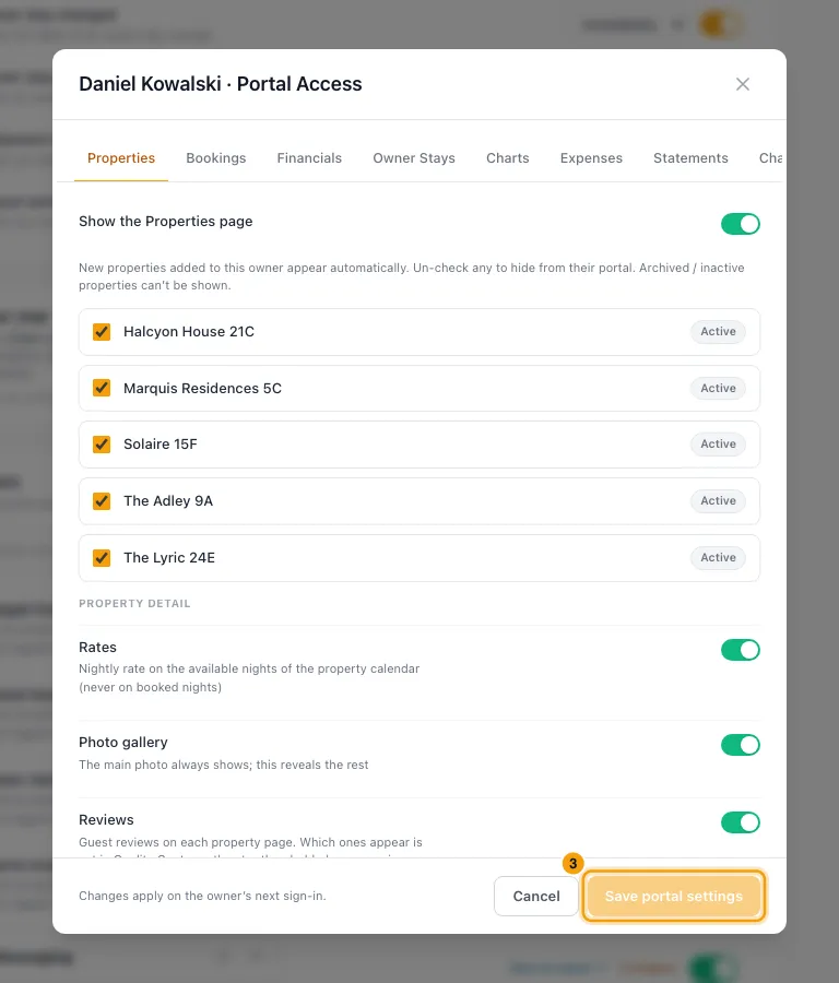 Give an owner access to the owner portal: step 3 in Rentibly, with Save portal settings marked.