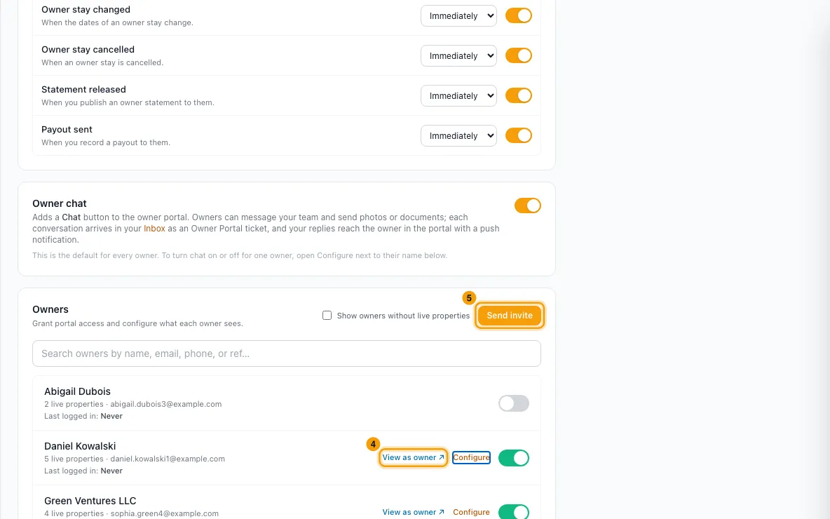 Give an owner access to the owner portal: steps 4 and 5 in Rentibly, with View as owner ↗, Send invite marked.