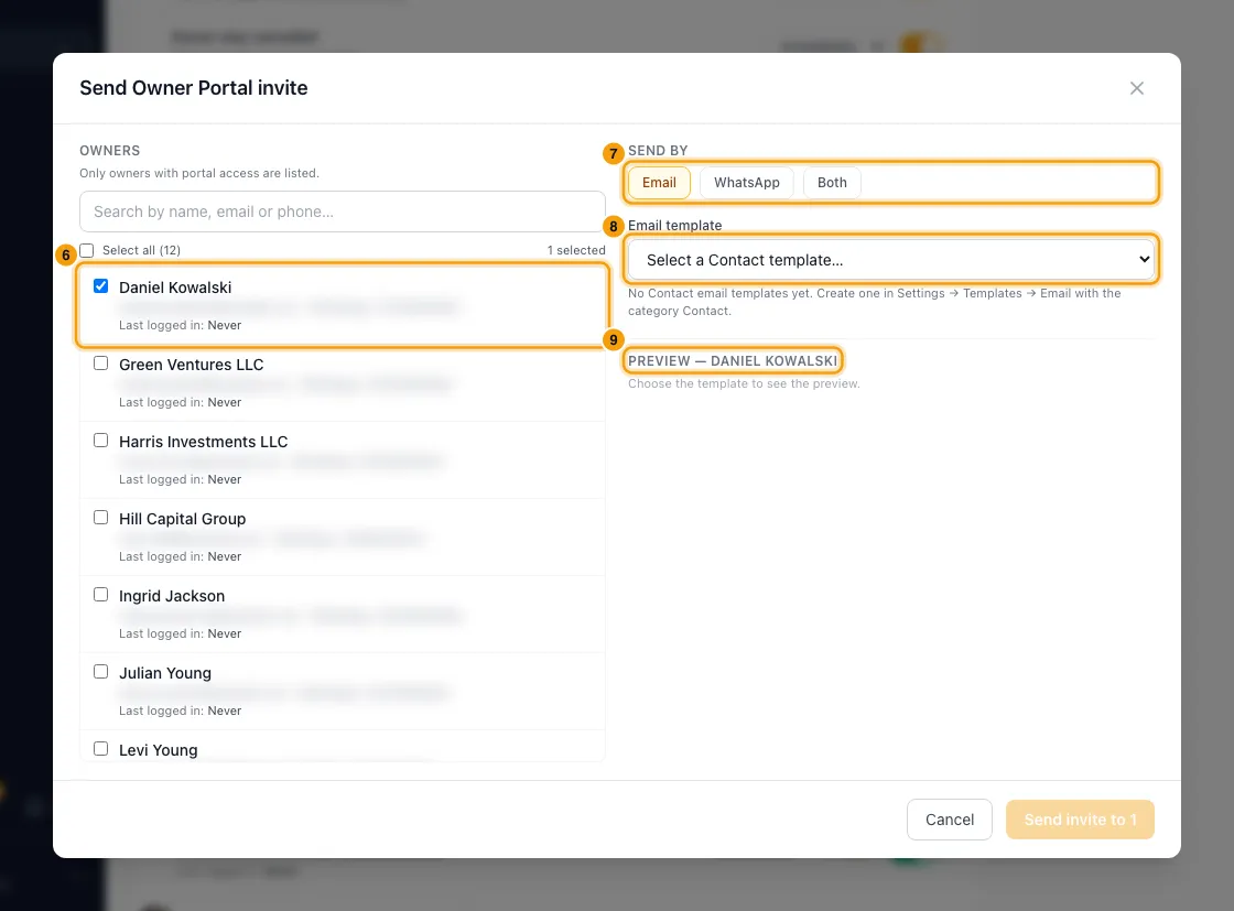 Give an owner access to the owner portal: steps 6, 7, 8 and 9 in Rentibly, with the owner's tick box, Send by, Email template marked.
