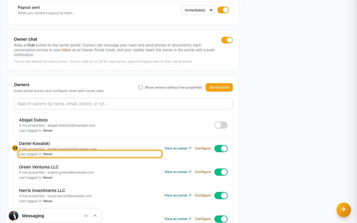 Give an owner access to the owner portal: step 12 in Rentibly, with Last logged in marked.
