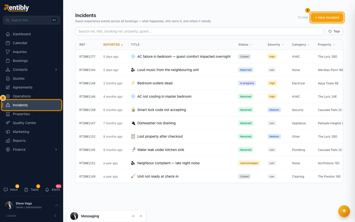 Report and handle an incident (complaint, damage, breakdown): step 1 in Rentibly, with Incidents, + New Incident marked.