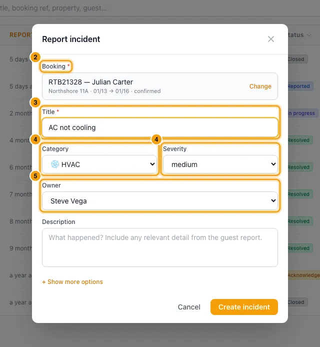 Report and handle an incident (complaint, damage, breakdown): steps 2, 3, 4 and 5 in Rentibly, with Booking, Title, Category marked.