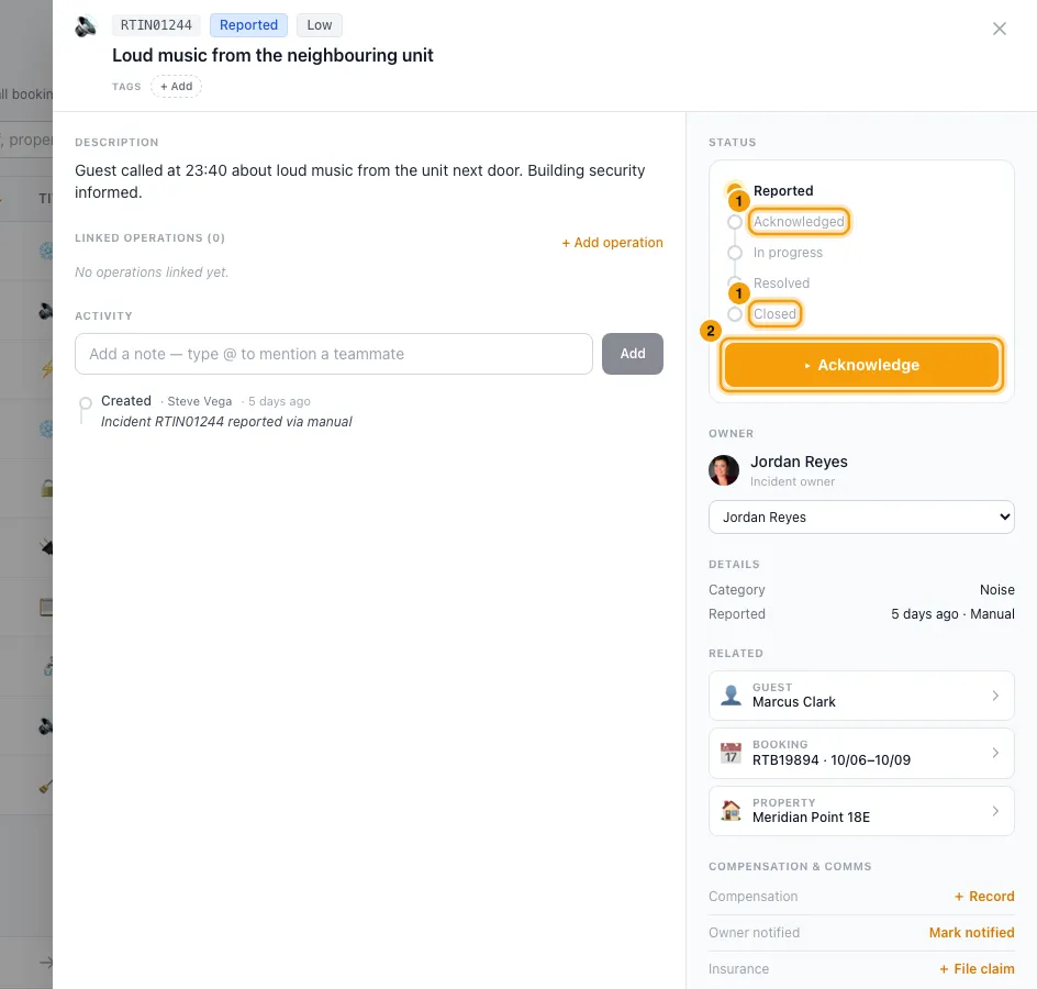 Report and handle an incident (complaint, damage, breakdown): steps 1 and 2 in Rentibly, with Acknowledged, Closed, Acknowledge marked.