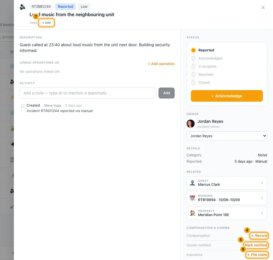 Report and handle an incident (complaint, damage, breakdown): steps 4, 5, 6 and 7 in Rentibly, with + Record, Mark notified, + File claim marked.