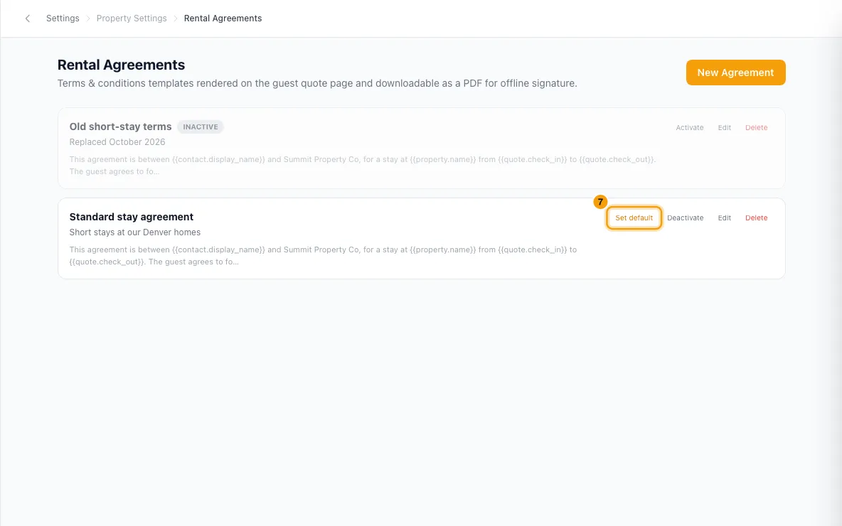 Have the guest sign the rental agreement: step 7 in Rentibly, with Set default marked.