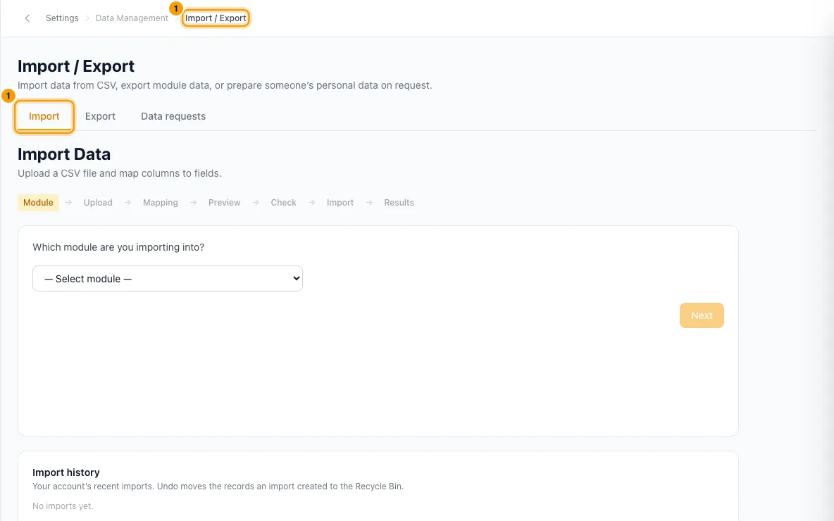 Import and export data (CSV): step 1 in Rentibly, with Import / Export, Import marked.