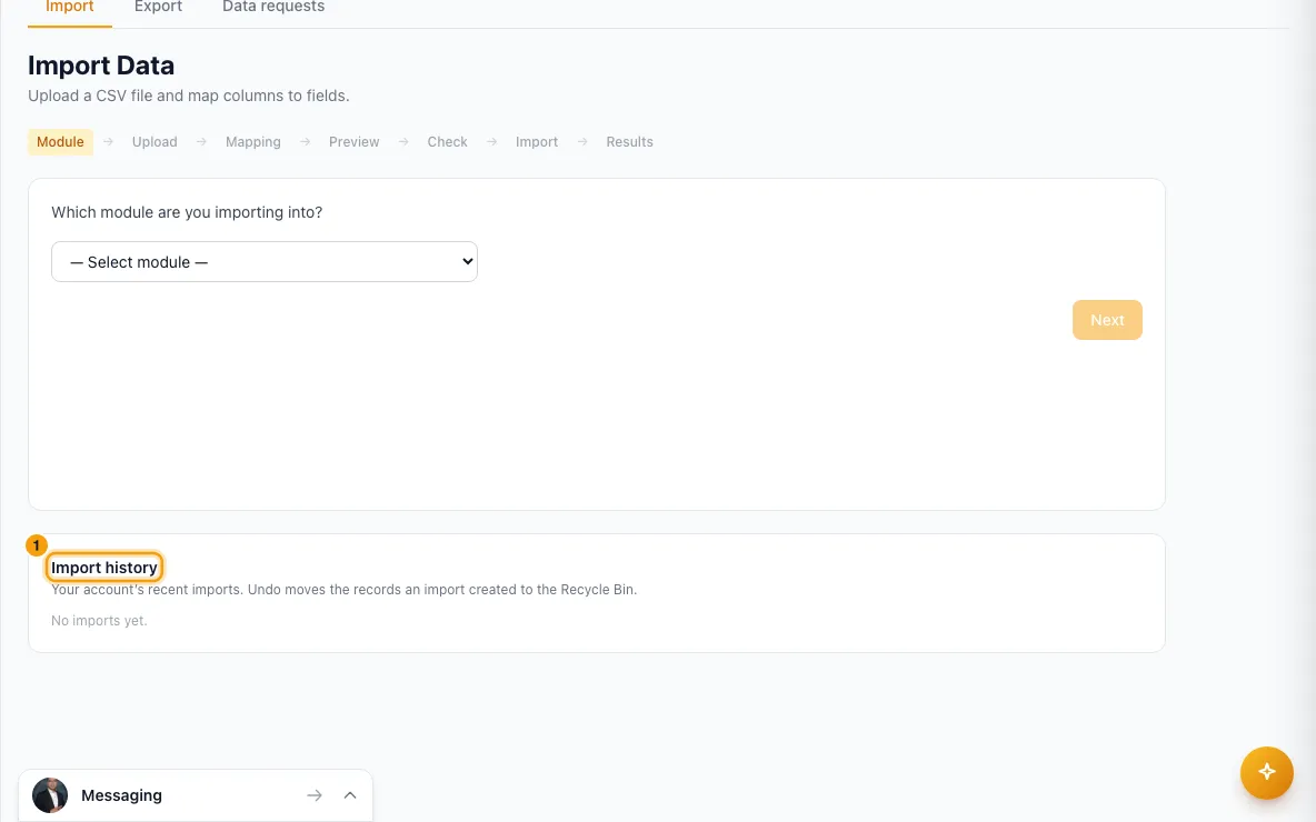 Import and export data (CSV): step 1 in Rentibly, with Import history marked.