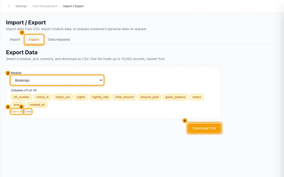 Import and export data (CSV): steps 1, 2, 3 and 4 in Rentibly, with Export, Module, Select all marked.