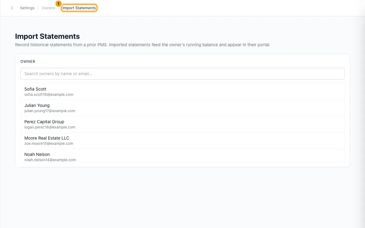 Import past owner statements from your previous system: step 1 in Rentibly, with Import Statements marked.