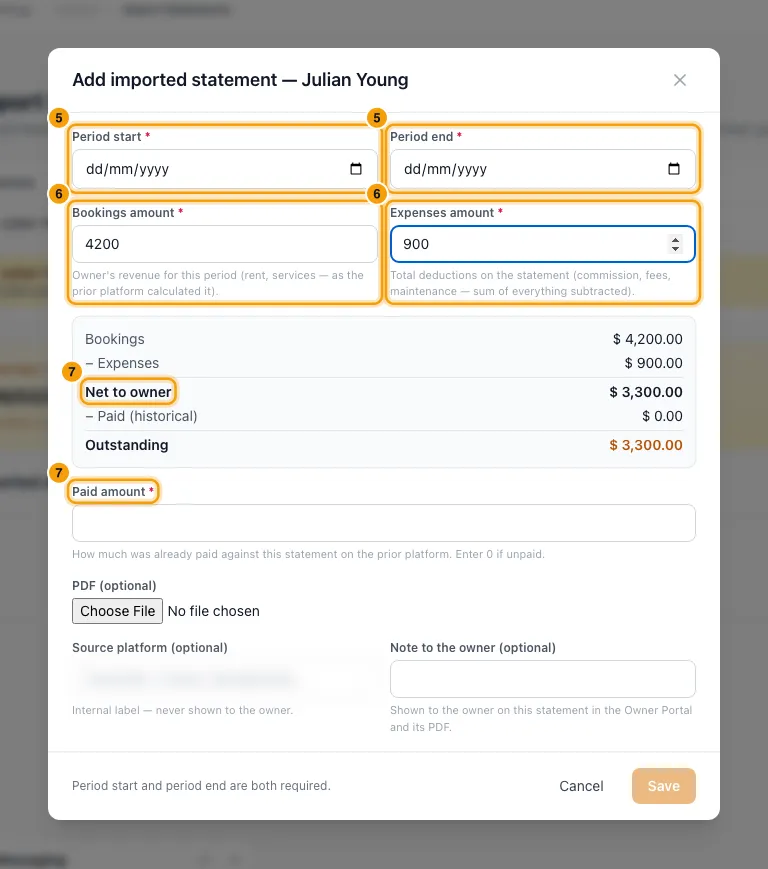 Import past owner statements from your previous system: steps 5, 6 and 7 in Rentibly, with Period start, Period end, Bookings amount marked.