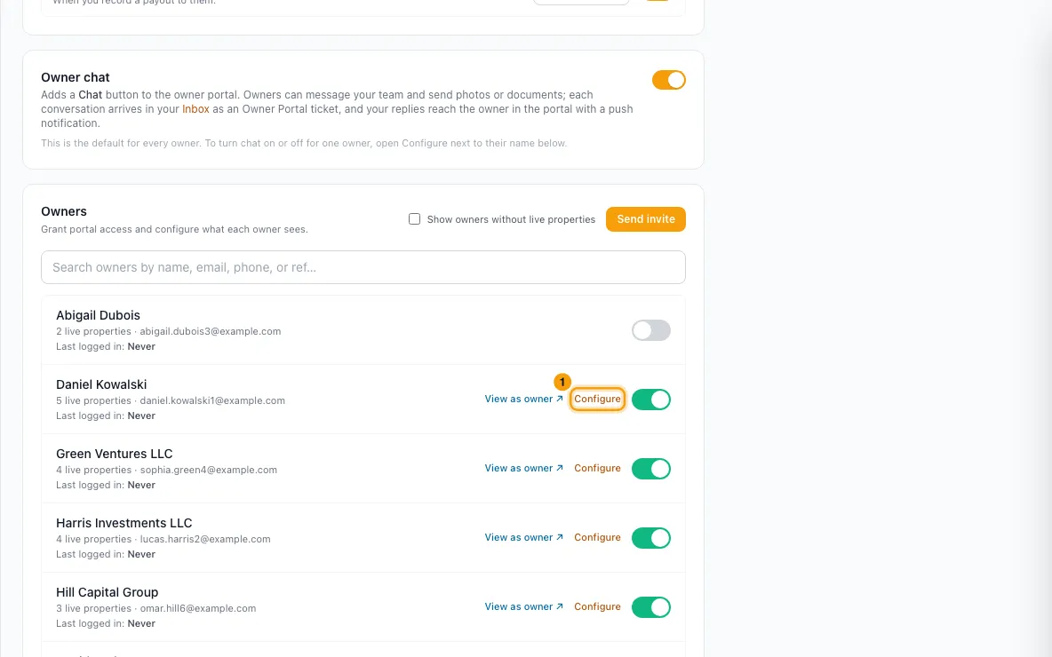 Let owners book their own stays in the owner portal: step 1 in Rentibly, with Configure marked.
