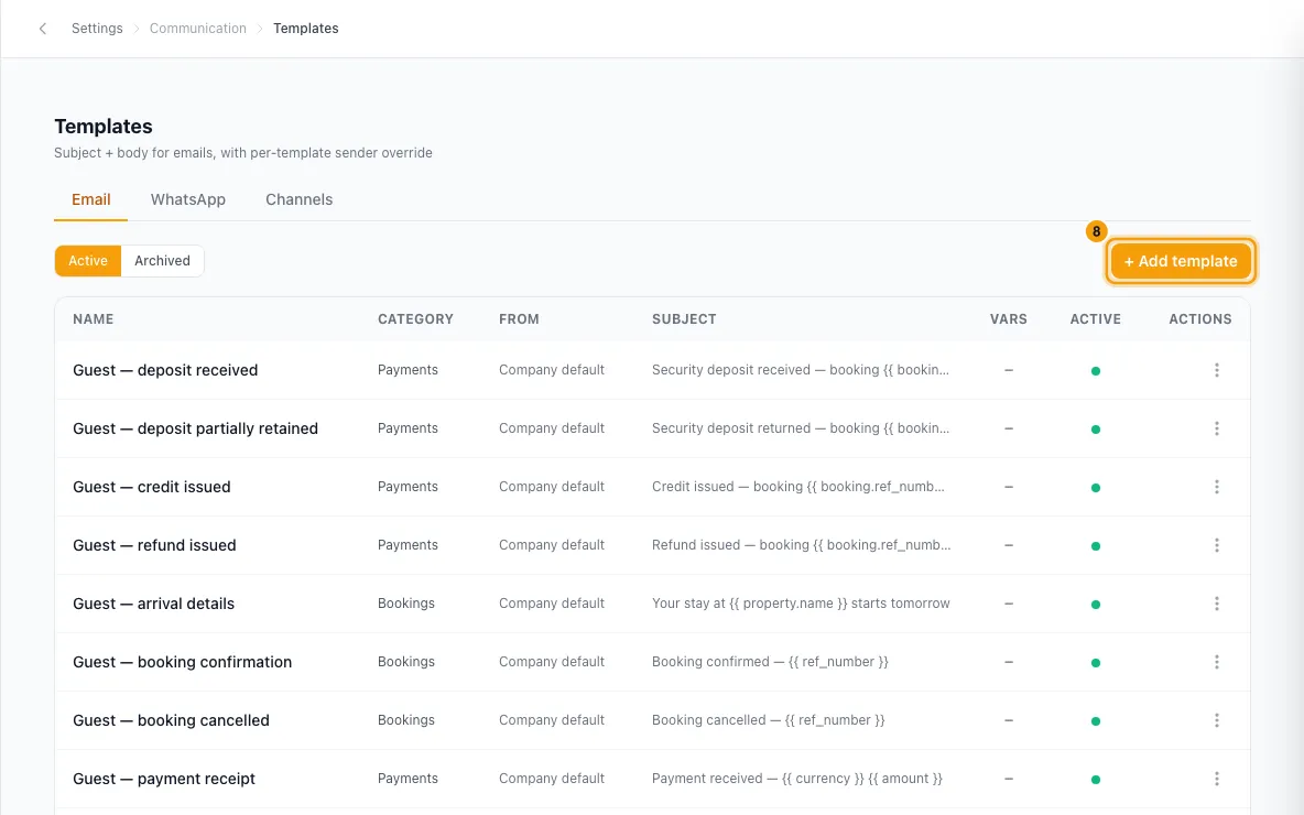 Manage message templates (email, WhatsApp and channel): step 8 in Rentibly, with + Add Template marked.