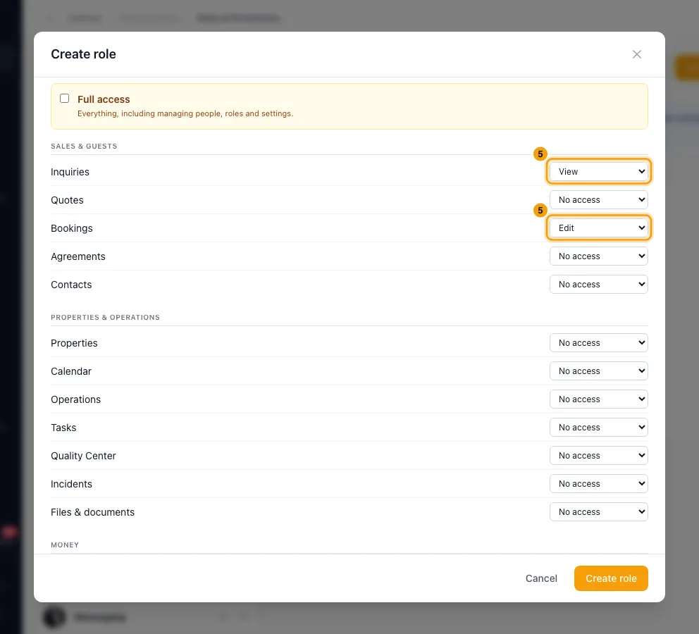 Create and manage roles and permissions: step 5 in Rentibly, with the access level, the access level marked.