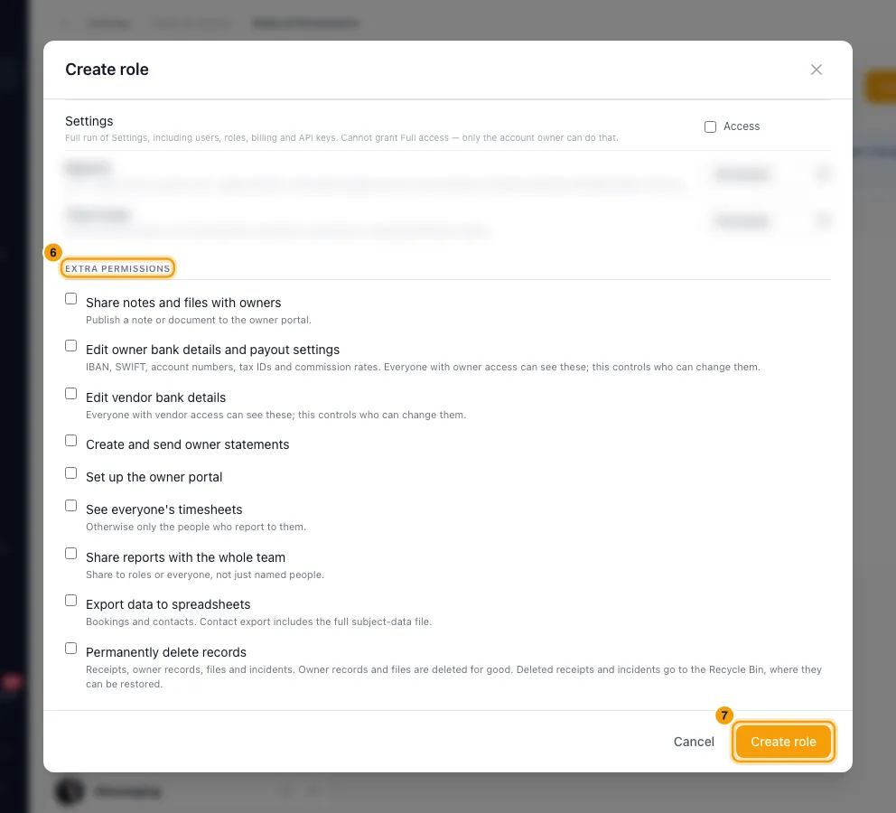 Create and manage roles and permissions: steps 6 and 7 in Rentibly, with Extra permissions, Create role marked.