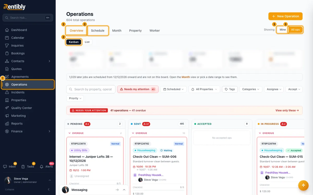 Plan and review operations on the Operations page: steps 1, 2 and 3 in Rentibly, with Operations, Overview, Schedule marked.