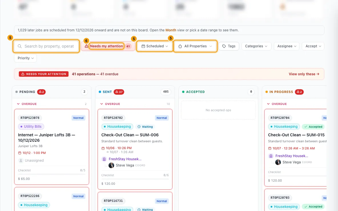 Plan and review operations on the Operations page: steps 5 and 6 in Rentibly, with the search box, Scheduled, All Properties marked.
