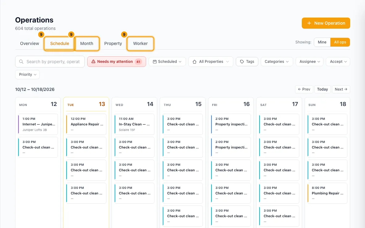 Plan and review operations on the Operations page: step 9 in Rentibly, with the view, the view, the view marked.