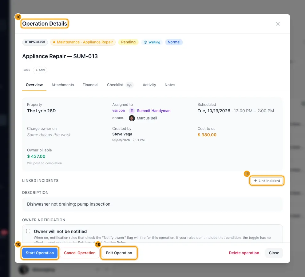 Plan and review operations on the Operations page: steps 10 and 11 in Rentibly, with Operation Details, Edit Operation, Start Operation marked.