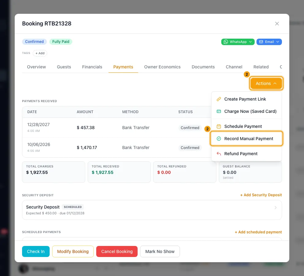 Record a guest payment received offline: step 2 in Rentibly, with Actions, Record Manual Payment marked.