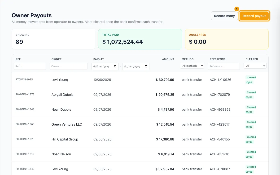 Record an owner payout: step 1 in Rentibly, with Record payout marked.