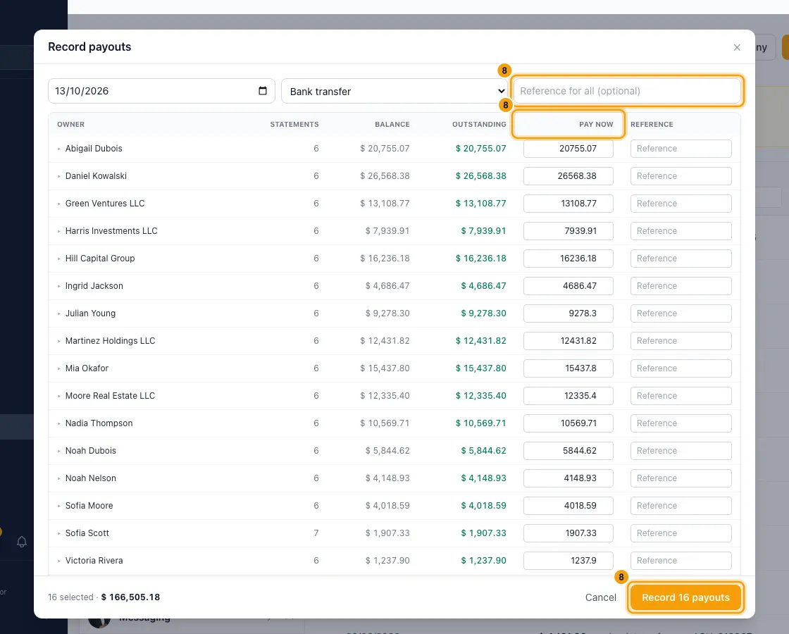 Record an owner payout: step 8 in Rentibly, with Record many, Record many, Record many marked.