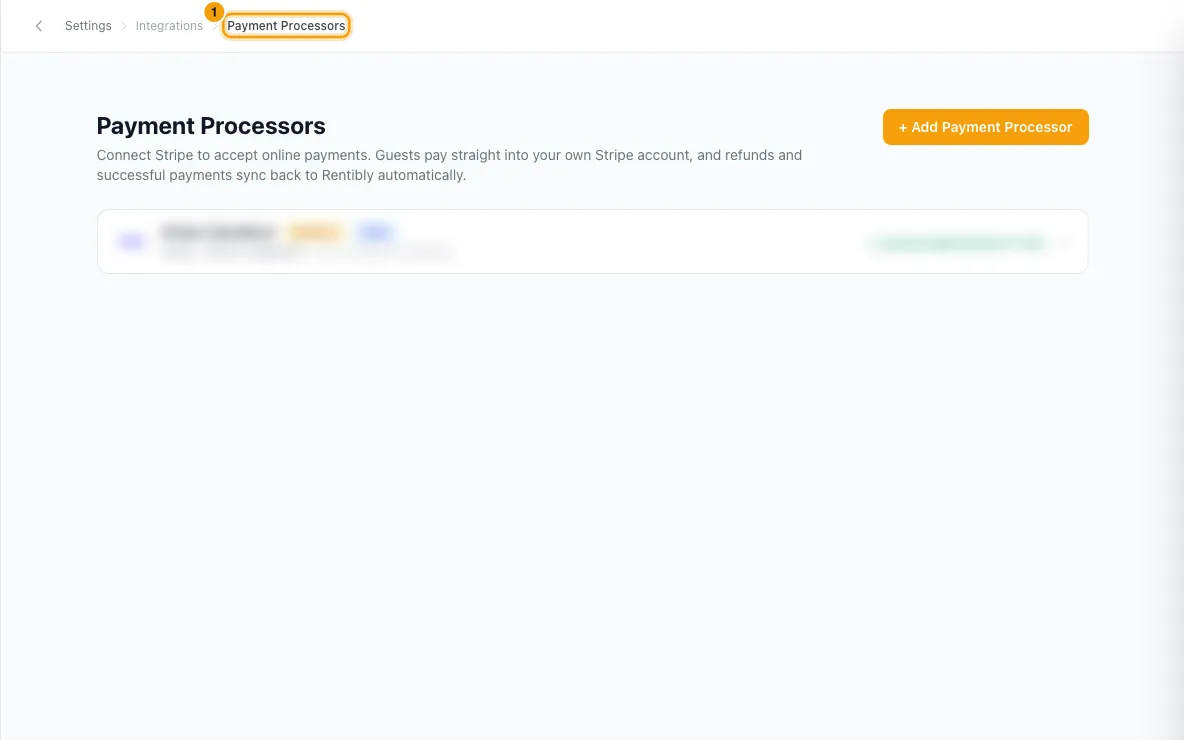 Ask Stripe to enable MOTO for typed-in cards: step 1 in Rentibly, with Payment Processors marked.