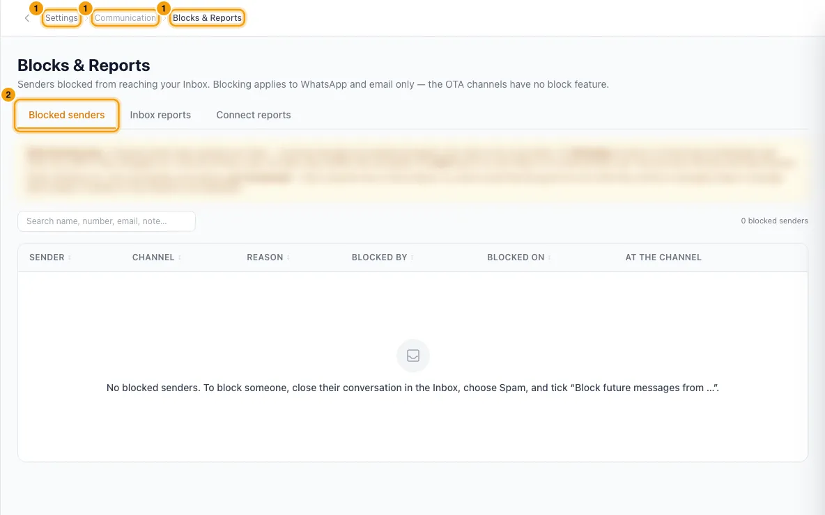 Review blocked senders and message reports: steps 1 and 2 in Rentibly, with Settings, Communication, Blocks & Reports marked.
