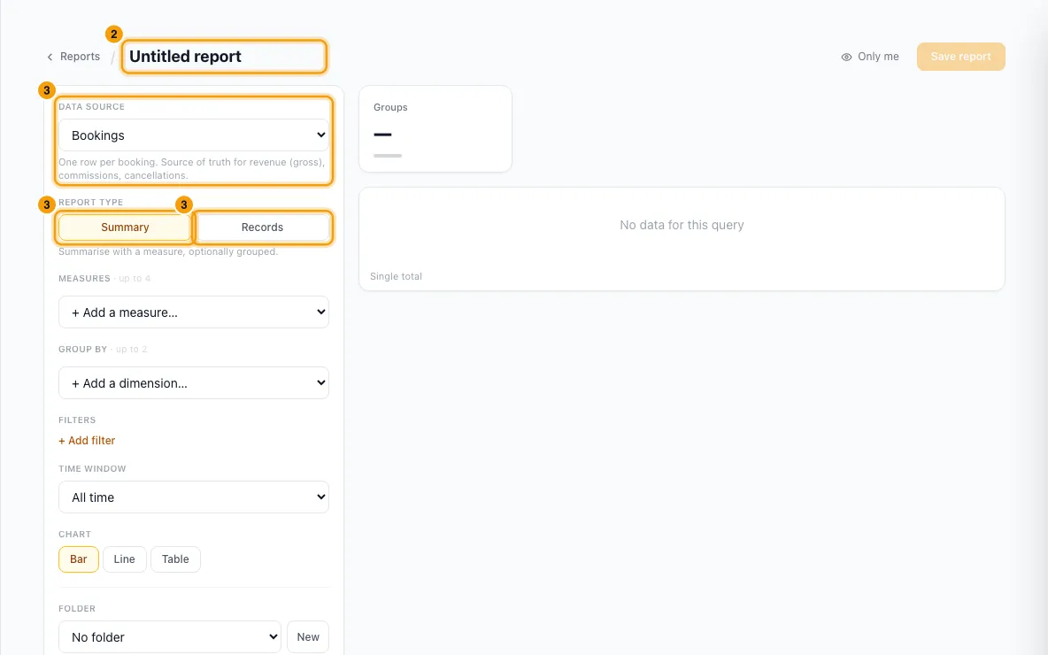 Run, filter and save reports: steps 2 and 3 in Rentibly, with the report name, Data source, Summary marked.