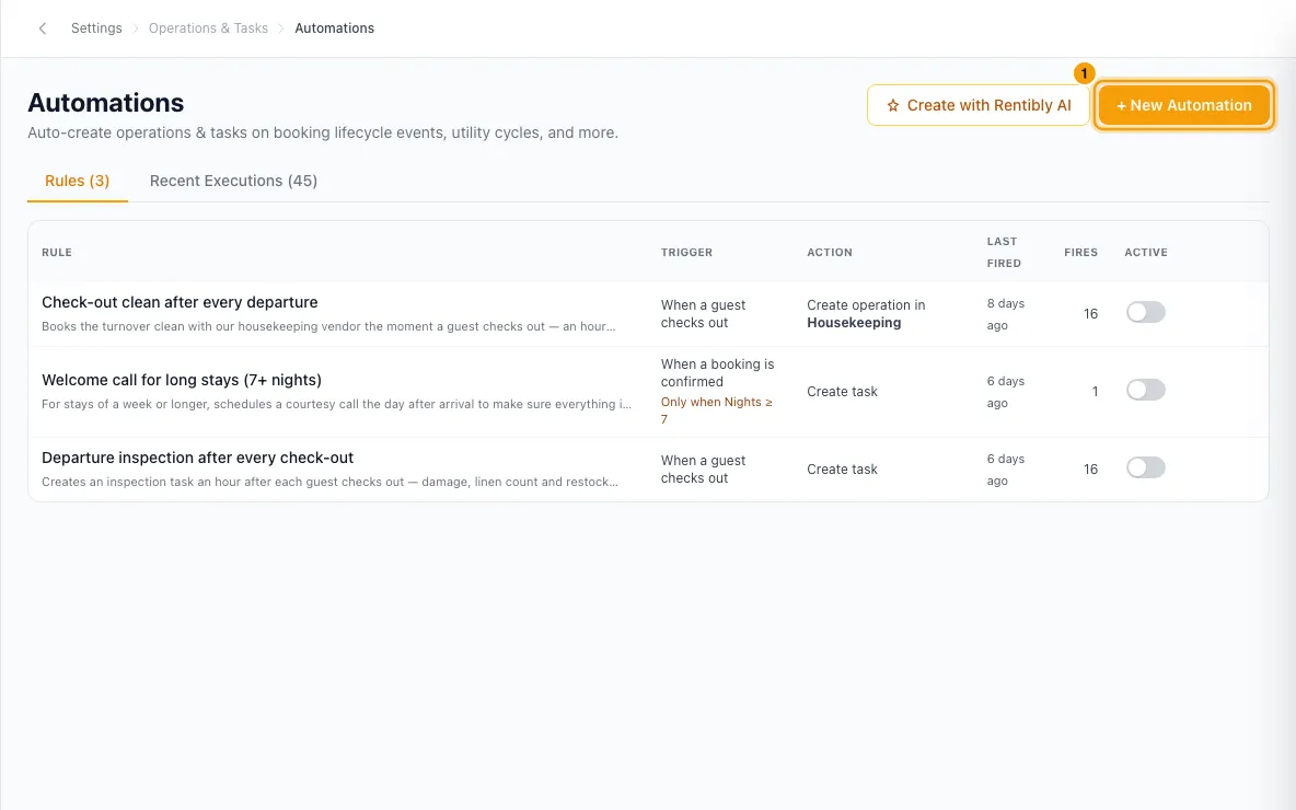 Use a different time on a same-day turnover: step 1 in Rentibly, with + New Automation marked.