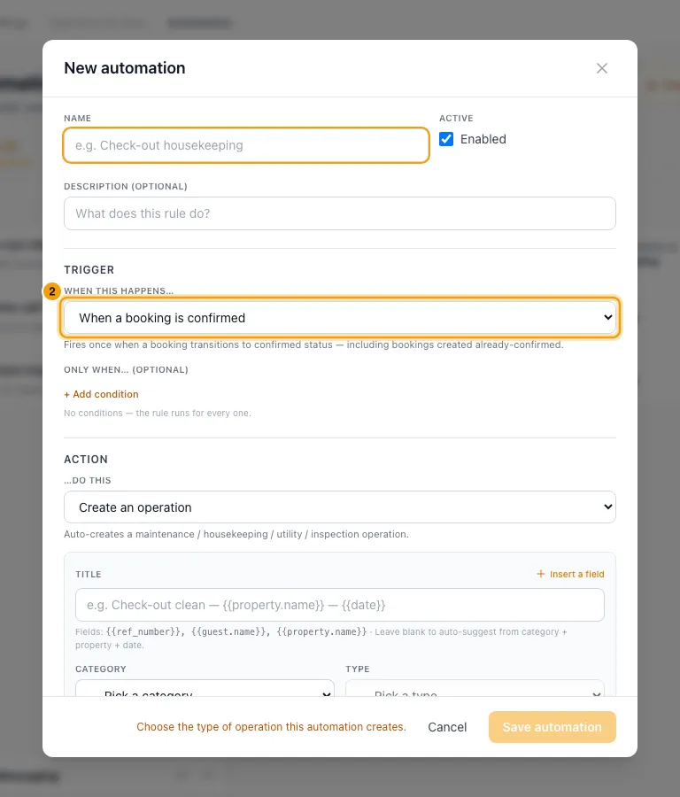 Use a different time on a same-day turnover: step 2 in Rentibly, with When this happens… marked.