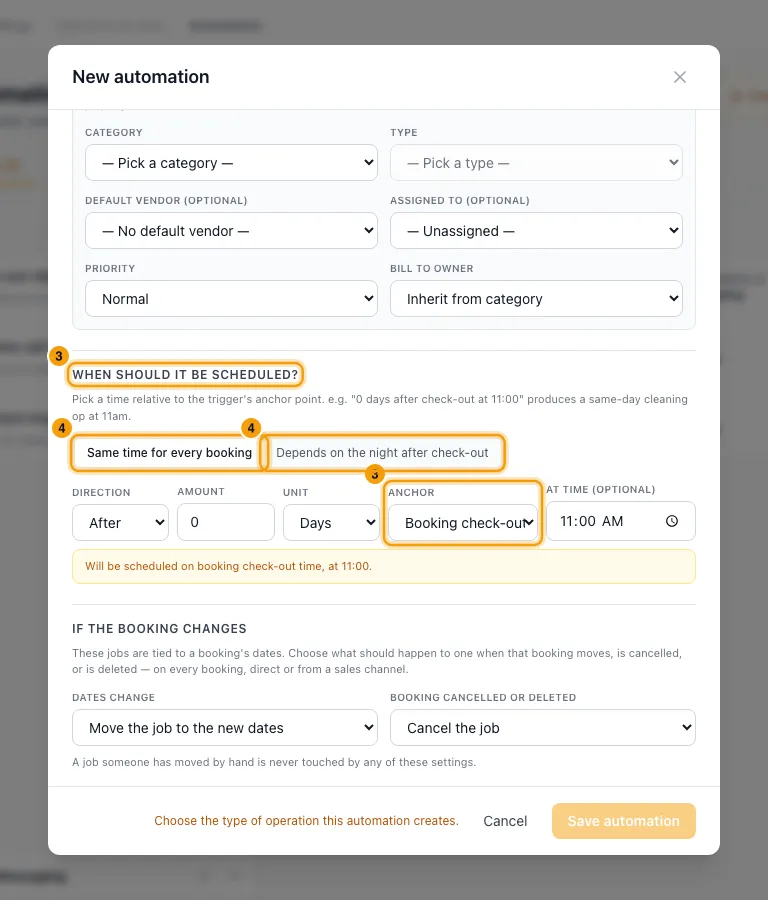 Use a different time on a same-day turnover: steps 3 and 4 in Rentibly, with When should it be scheduled?, Anchor, Same time for every booking marked.