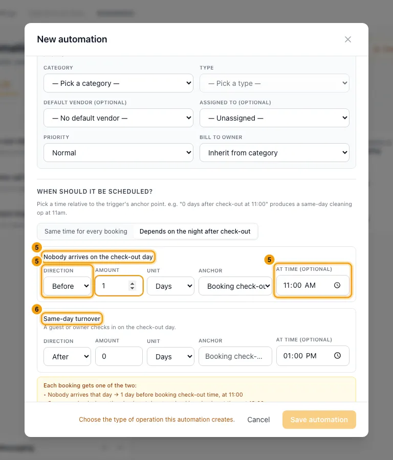 Use a different time on a same-day turnover: steps 5 and 6 in Rentibly, with Nobody arrives on the check-out day, Direction, At time (optional) marked.