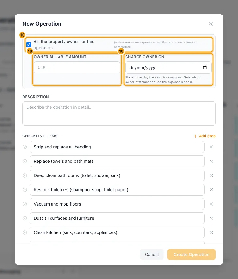 Schedule an operation: step 10 in Rentibly, with Bill the property owner for this operation, Owner billable amount, Charge owner on marked.