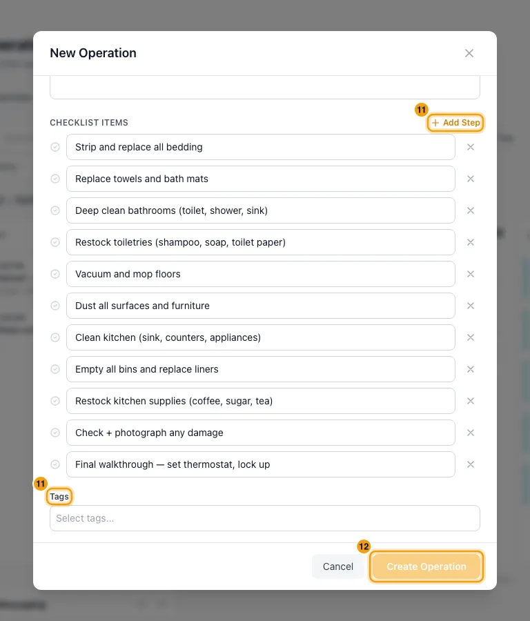 Schedule an operation: steps 11 and 12 in Rentibly, with Add Step, Tags, Create Operation marked.