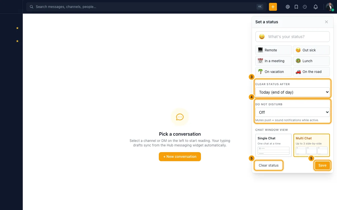See who's available and set your status in Connect: steps 3, 4 and 5 in Rentibly, with Clear status after, Do not disturb, Save marked.