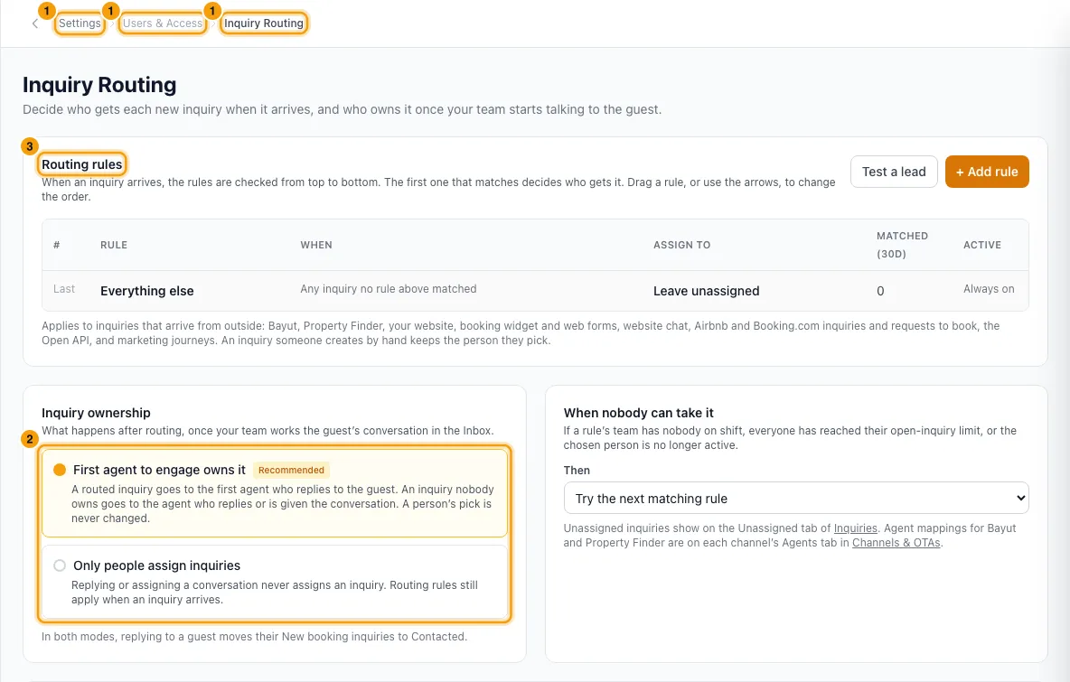 Choose who owns a booking inquiry: steps 1, 2 and 3 in Rentibly, with Settings, Users & Access, Inquiry Routing marked.