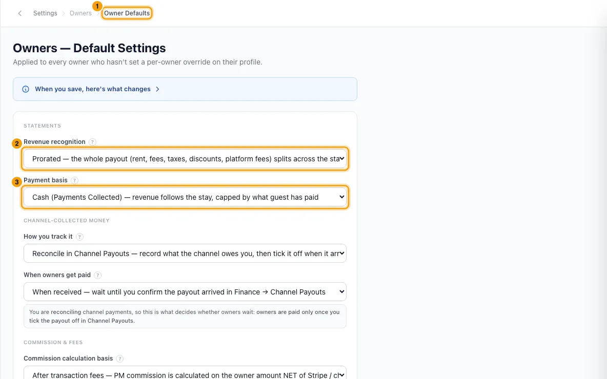 Set owner defaults (recognition, payment basis, fees): steps 1, 2 and 3 in Rentibly, with Owner Defaults, Revenue recognition, Payment basis marked.