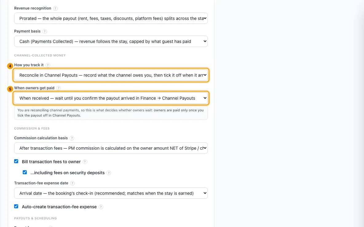 Set owner defaults (recognition, payment basis, fees): steps 4 and 5 in Rentibly, with How you track it, When owners get paid marked.