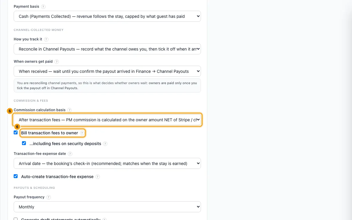 Set owner defaults (recognition, payment basis, fees): step 6 in Rentibly, with Commission & fees, Commission & fees marked.