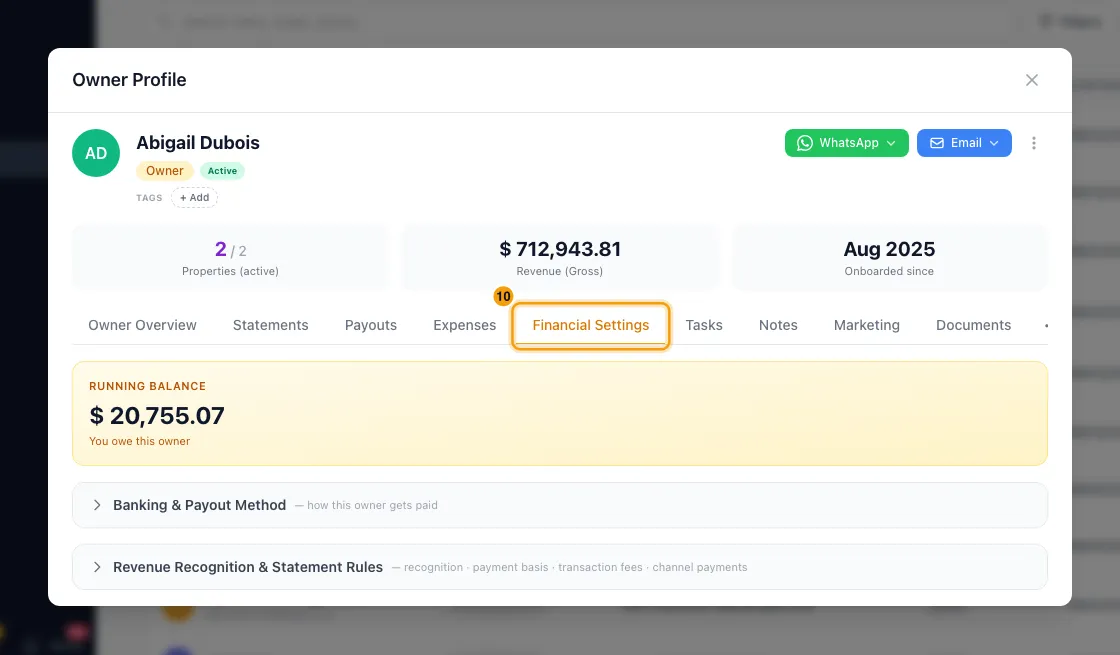 Set owner defaults (recognition, payment basis, fees): step 10 in Rentibly, with Financial Settings marked.
