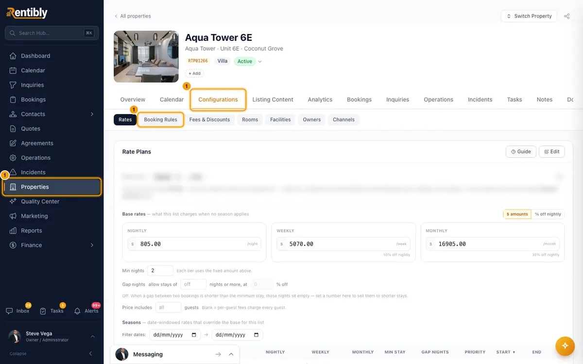 Set a property's booking rules: step 1 in Rentibly, with Properties, Configurations, Booking Rules marked.