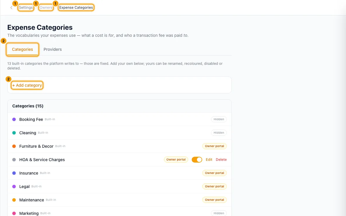 Set up expense categories: steps 1 and 2 in Rentibly, with Settings, Owners, Expense Categories marked.