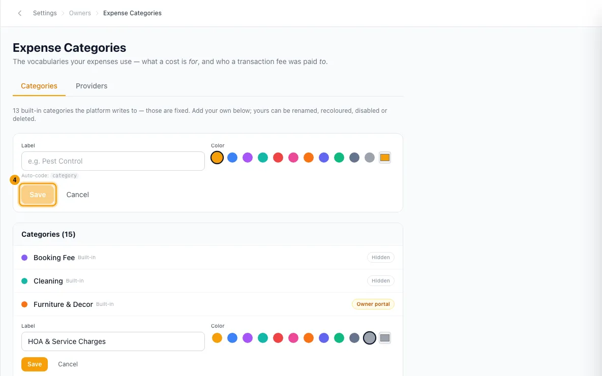 Set up expense categories: step 4 in Rentibly, with Save marked.