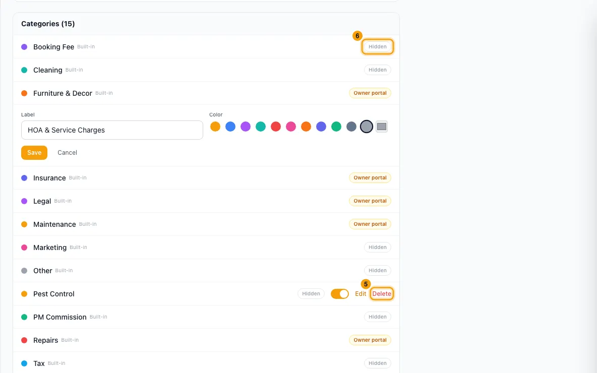 Set up expense categories: steps 5 and 6 in Rentibly, with Delete, Hidden marked.