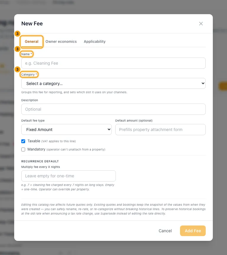 Set up pricing rules — fees, taxes and discounts: step 3 in Rentibly, with General, Name, Category marked.
