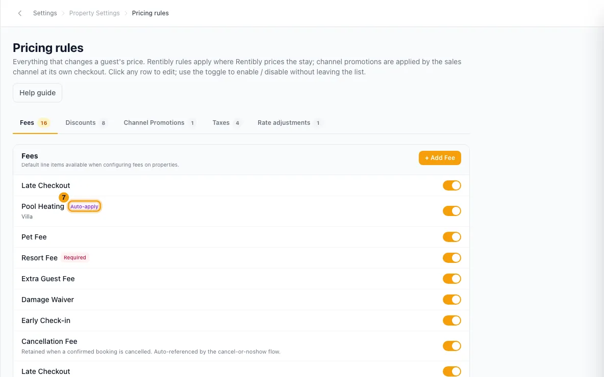 Set up pricing rules — fees, taxes and discounts: step 7 in Rentibly, with Auto-apply marked.