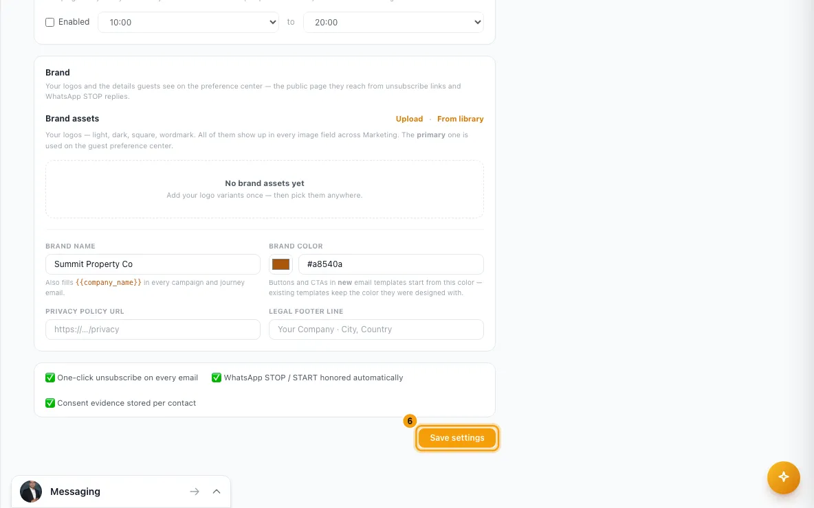Set up marketing sending and deliverability: step 6 in Rentibly, with Save settings marked.