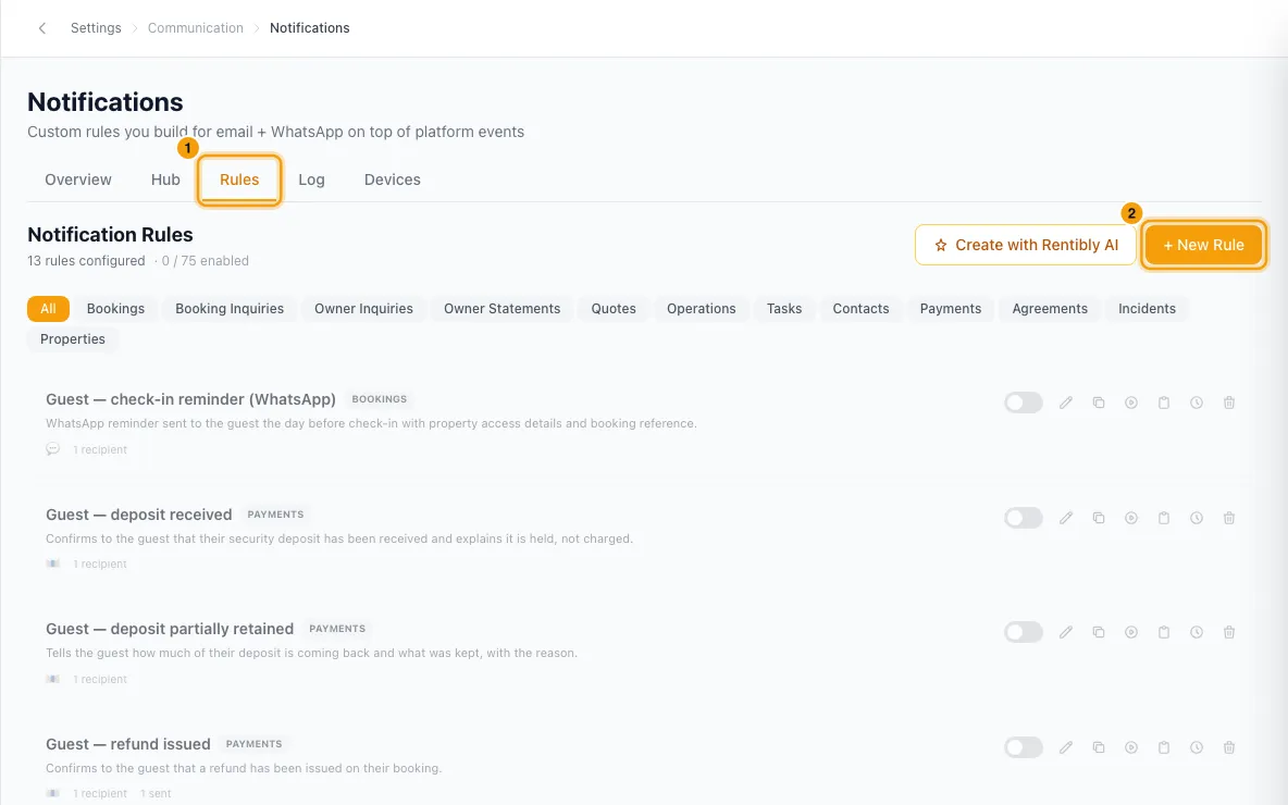 Set up a notification rule (e.g. email the guest before check-in): steps 1 and 2 in Rentibly, with Rules, + New Rule marked.