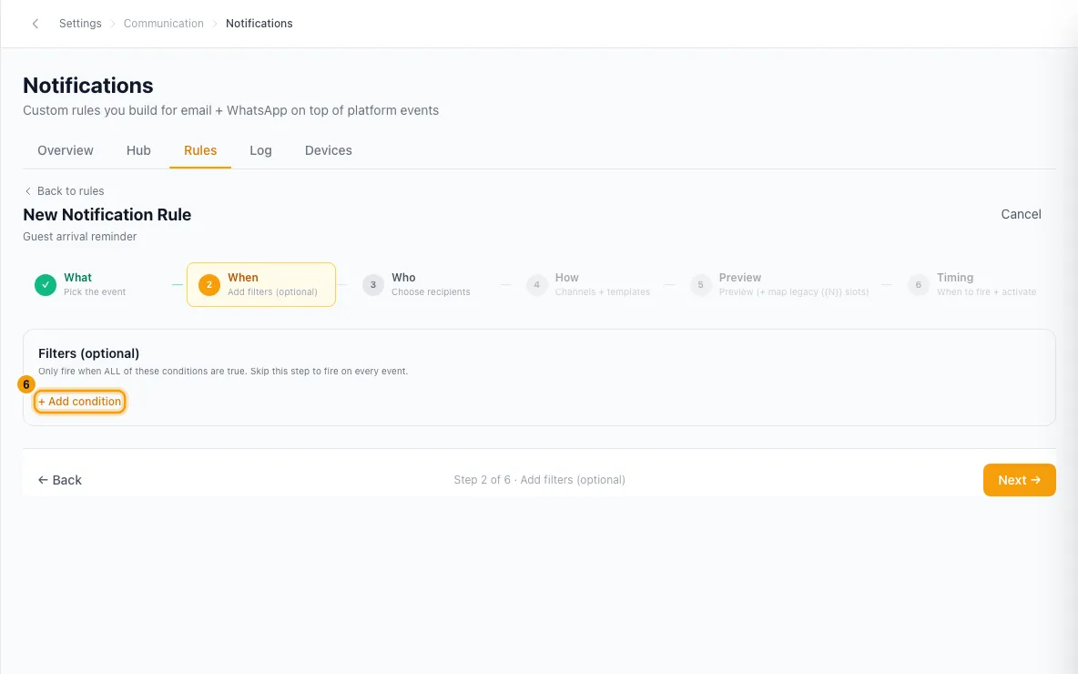 Set up a notification rule (e.g. email the guest before check-in): step 6 in Rentibly, with + Add condition marked.